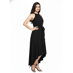 Women Fit & Flare High Low Midi Dress | Sleeveless Round Neck One Piece Dress with Waist Tie Detail