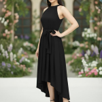 Women Fit & Flare High Low Midi Dress | Sleeveless Round Neck One Piece Dress with Waist Tie Detail